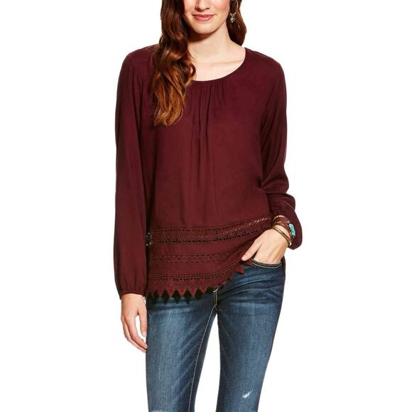 Ariat Bendi Peasant Top Burgundy Crochet Trim Boho Country Flowy Size XL - Picture 6 of 6